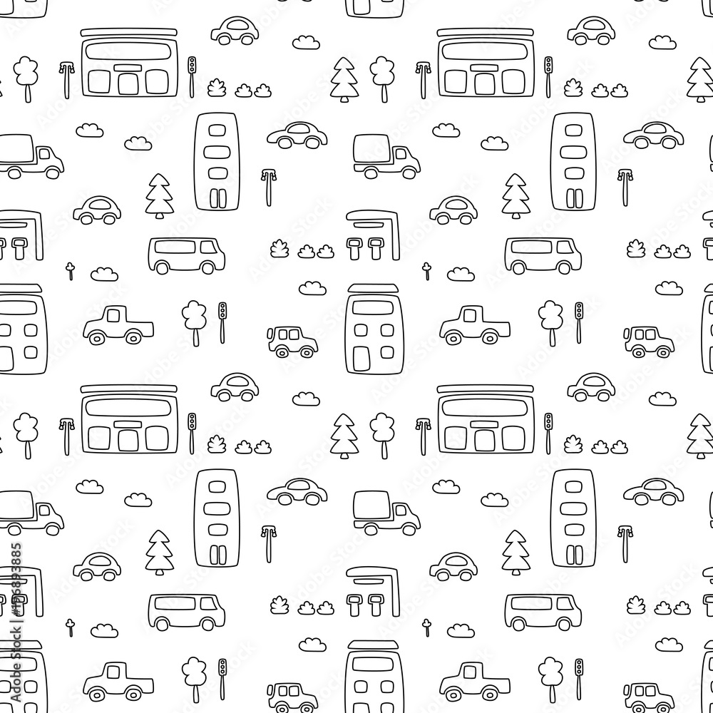 Seamless pattern with hand drawn city print. Cartoon skyscraper, cars, trees, traffic light. Vector illustration. Perfect for kids fabric, textile, nursery wallpaper. Seamless pattern with hand drawn city print. Cartoon skyscraper, cars, trees, traffic light. Vector illustration. Perfect for kids fabric, textile, nursery wallpaper.