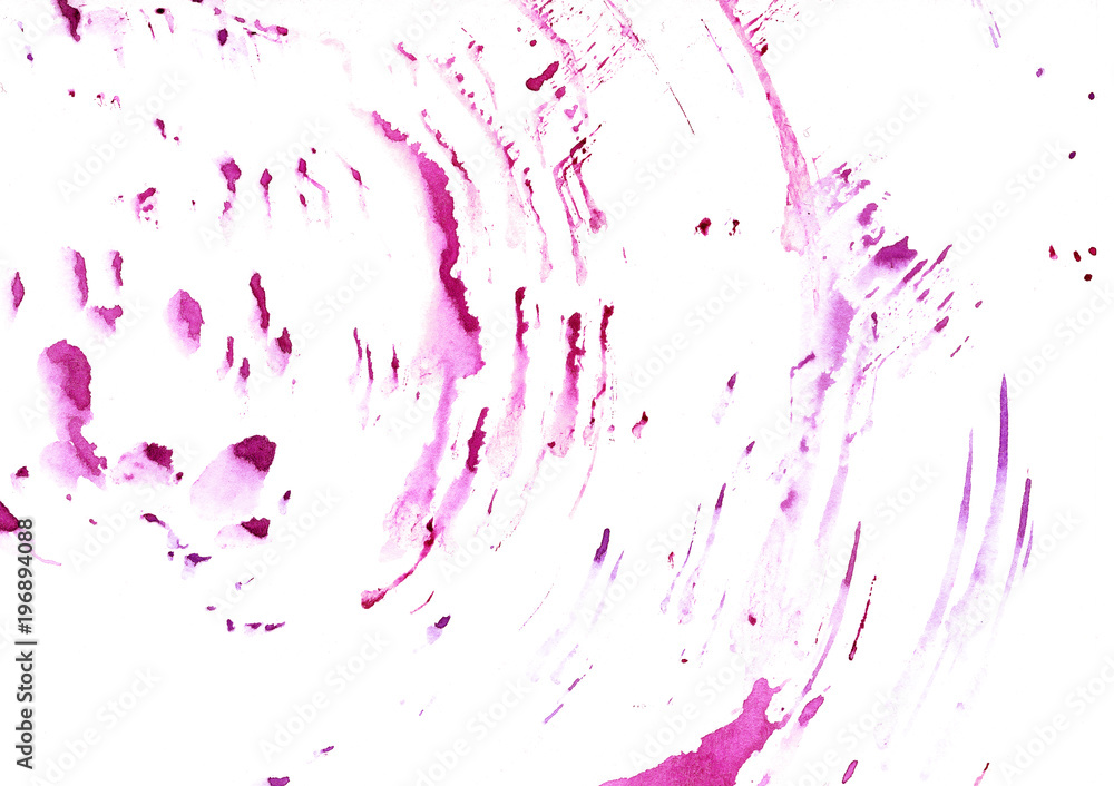 Pink watercolor circles of paint stains and splatter with splashes. Creative colorful watercolor design background for banner, print, template, cover, decoration
