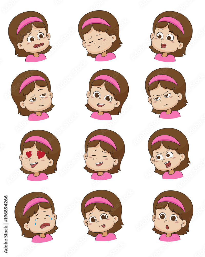 Set of Little girl face expression,vector illustrations isolated on white background. Set of Little girl face expression,vector illustrations isolated on white background.