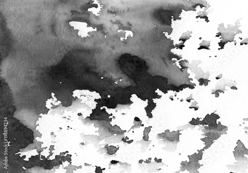 Black and white grey watercolor background of stains, spatters and splashes. Design artistic element for banner, print, template, cover, decoration © Fotobamba-1
