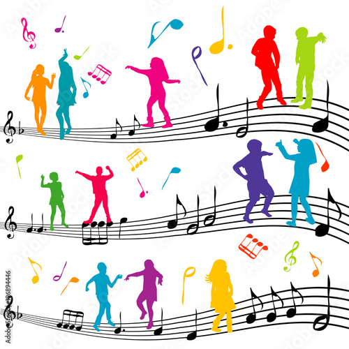 Abstract music note with silhouettes of kids dancing