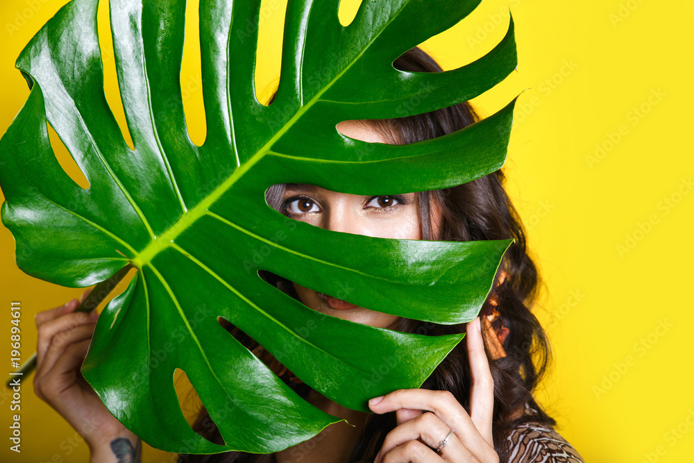 Beautiful Sexy Indian Woman In Bikini With Tropical Plants Beauty 