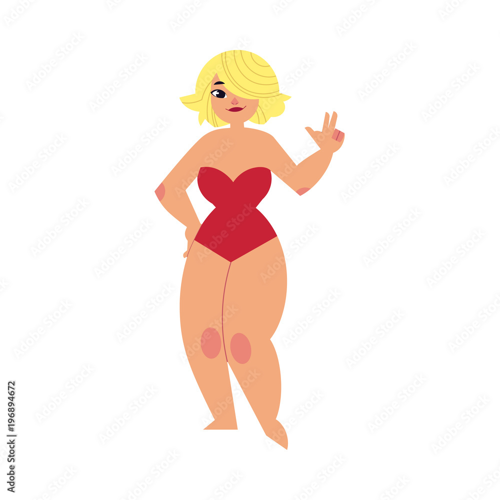 Cartoon plump woman standing showing victory sign in red swimsuit. Overweight female character at summer beach vacation. Chubby fat obese blonde hair girl having fun. Vector isolated illustration Cartoon plump woman standing showing victory sign in red swimsuit. Overweight female character at summer beach vacation. Chubby fat obese blonde hair girl having fun. Vector isolated illustration