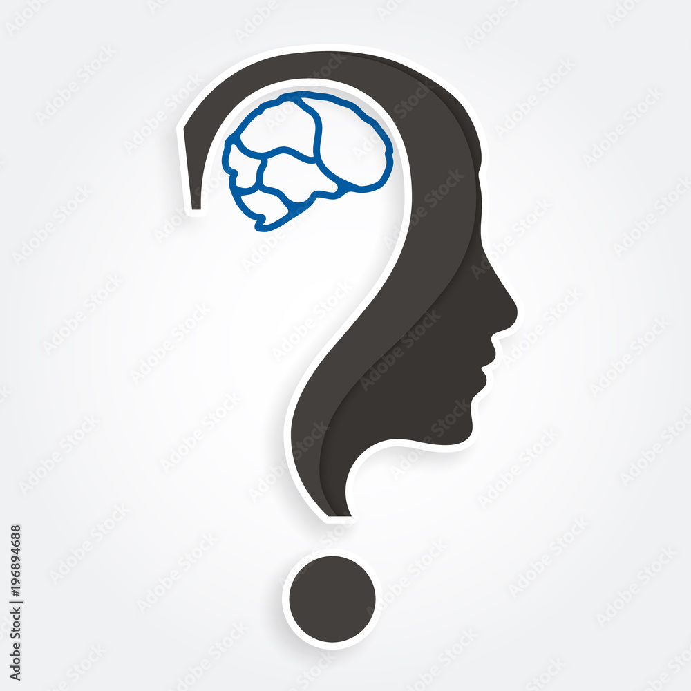 Human face and brain with question mark. Education and innovation concept. Vector.