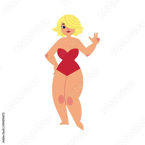 Cartoon plump woman standing showing victory sign in red swimsuit. Overweight female character at summer beach vacation. Chubby fat obese blonde hair girl having fun. Vector isolated illustration