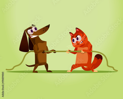 Angry enemy domestic Cat vs Dog. Competition war opposition concept. Vector flat cartoon illustration