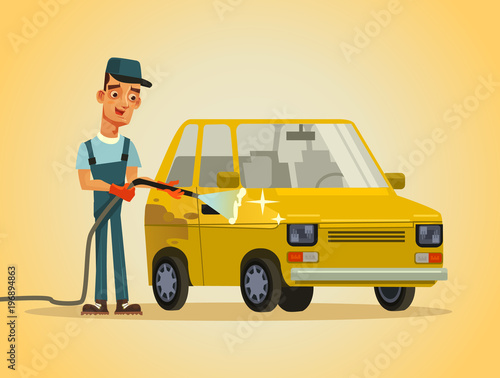Happy smiling worker serviceman washer man character washing automobile car with hose foam water spray. Auto service station carwash concept. Vector flat cartoon illustration