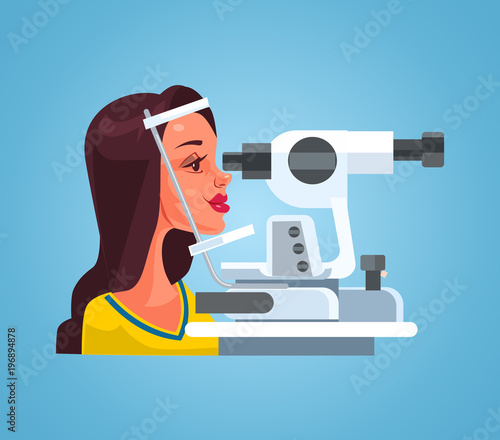 Woman checking eyesight with special medical equipment in ophthalmologist oculist office cabinet. Vector flat cartoon illustration
