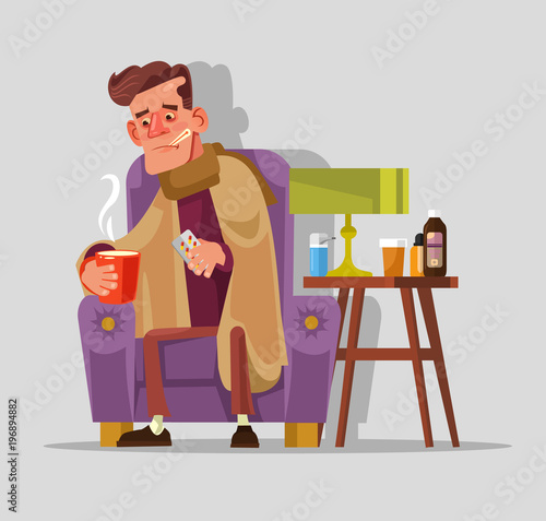 Sad unhappy felling bad sick man character with flu and cold fever takes pills and drinks tea. Seasonal disease infection concept. Vector flat cartoon illustration