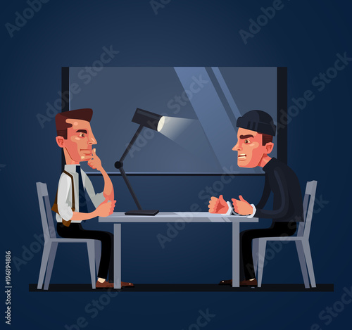 Bad policeman officer cop character arrest and interrogates suspected criminal prisoner asking him question. Crime and law concept. Vector flat cartoon illustration