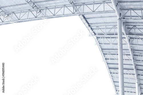 Large steel structure truss, roof frame and metal sheet in building construction site