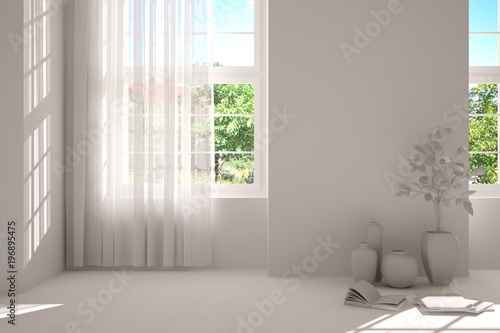 White empty room with summer landscape in window. Scandinavian interior design. 3D illustration