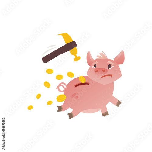 Cartoon piggy bank icon. Sad pig money box running away from golden claw hummer. Business finance, banking rich and weath concept. Vector isolated background illustration
