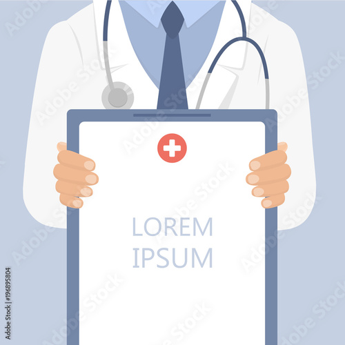 Doctor holding medical clipboard. Blue background. Vector banner