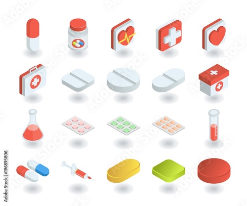 Simple Set of Health and Medicine Icons in flat isometric 3D style. Contains such icons as Pill, Test tube, First aid, Medicine chest and more.