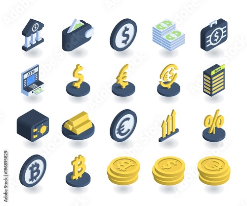 Simple Set of Banking Icons in flat isometric 3D style. Contains such icons as Wallet, ATM, Safe, Currency signs and more.