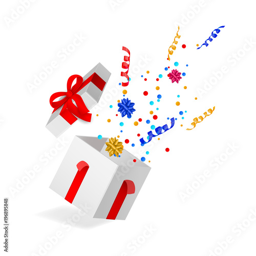 Vector cartoon open present gift box opening cover with colored confetti red ribbon bow. Birthday anniversary party new year christmas valentine xmas holiday decoration invatation greeting card
