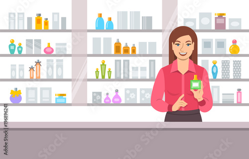 Perfumer girl near shelves with perfumes. Young woman seller offering bottle with new aroma at the counter of a perfume shop. Cosmetic store vector cartoon background
