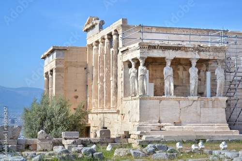 the ancient Erechtheion temple at Acropolis Athens Greece