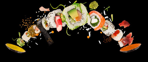Gordijnen Sushi bar Zwevende Japanse sushi in lucht  © Lukas Gojda