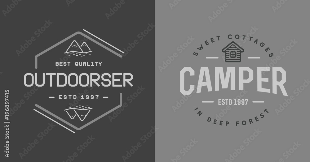 Set of Raster Camping Camp Elements With Fictitious Names and Outdoor Activity Icons Illustration can be used as Logo or Icon in premium quality