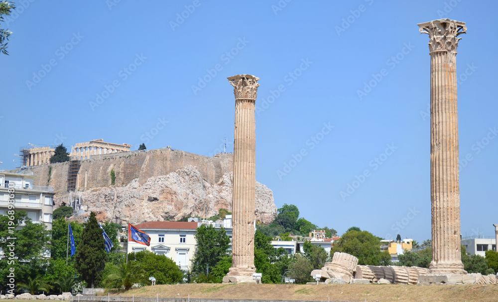 landscape of Parthenon as seen from the temple of Olympian Zeus Athens Greece