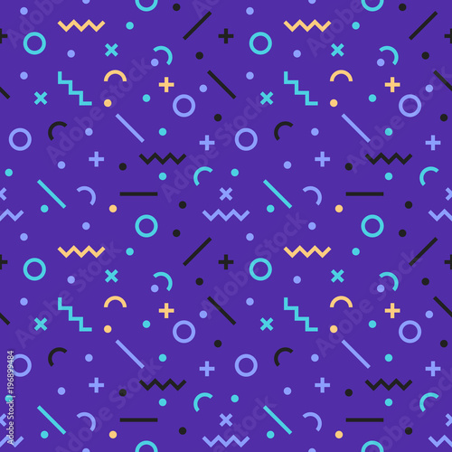 Abstract, seamless, geometric pattern, Memphis style. Retro hipsters design in 80s or 90s style. Ready for print on fabric, paper, website backdrop, Flat vector illustration.
