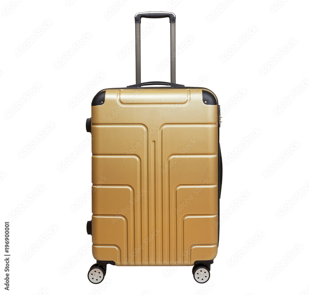 Golden sandy suitcase isolated on white background. Polycarbonate suitcase isolated on white. Golden sandy suitcase.
