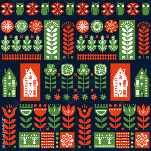 Scandinavian folk art seamless vector pattern with flowers, trees, owl, houses with decorative elements in simple style