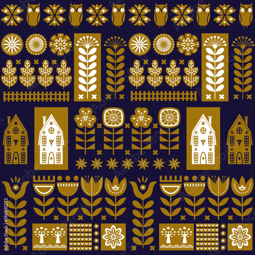 Scandinavian folk art seamless vector pattern with flowers, trees, owl, houses with decorative elements in simple style