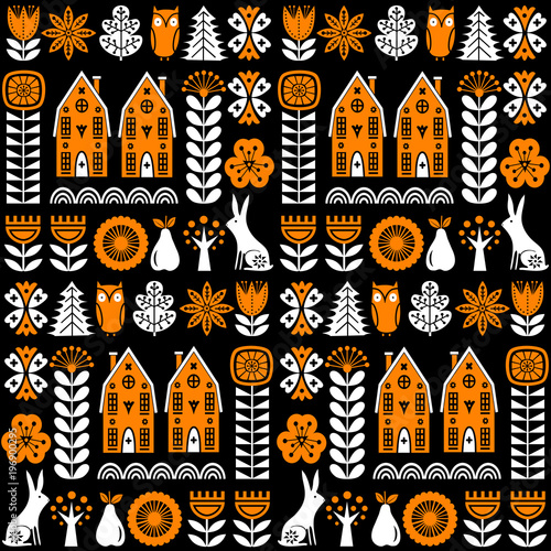 Scandinavian folk art seamless vector pattern with flowers, trees, rabbit, owl, houses and rural scenery in simple style