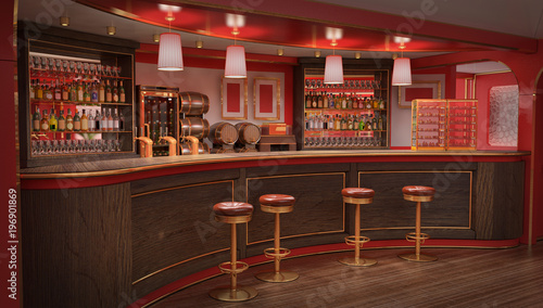 The interior of the bar, rack and chairs, cabinets with bottles and barrels.