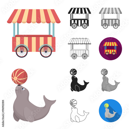 Circus and attributes cartoon,black,flat,monochrome,outline icons in set collection for design. Circus Art vector symbol stock web illustration.