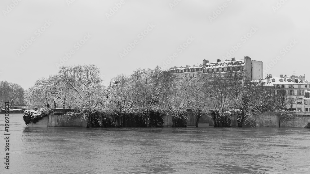 Paris under the snow and floods, flooded quays, trees under the water, the Seine in winter, black and white

