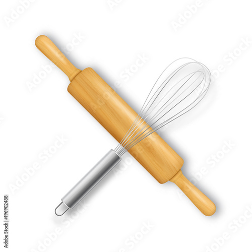 Vector realistic 3D wooden rolling pin and metal wire steel whisk cross-shaped icon closeup isolated on white baclground. Top view. Design template for graphics