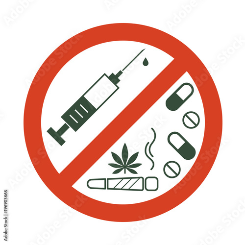 No drugs allowed. Drugs, marijuana leaf with forbidden sign - no drug. Drugs icon in prohibition red circle. Anti drugs. Just say no. Isolated vector illustration on white background.