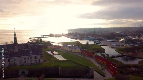 Elsinore castle aerial view with ferry, port, park and view on Sweden coast.