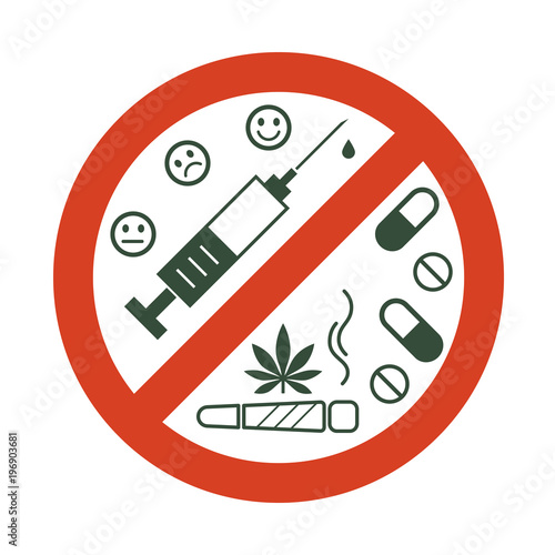 No drugs allowed. Drugs, marijuana leaf with forbidden sign - no drug. Drugs icon in prohibition red circle. Anti drugs. Just say no. Isolated vector illustration on white background.