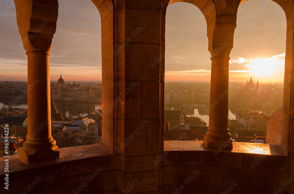 terrace view from fisherman's Bastion in Budapest at sunrise