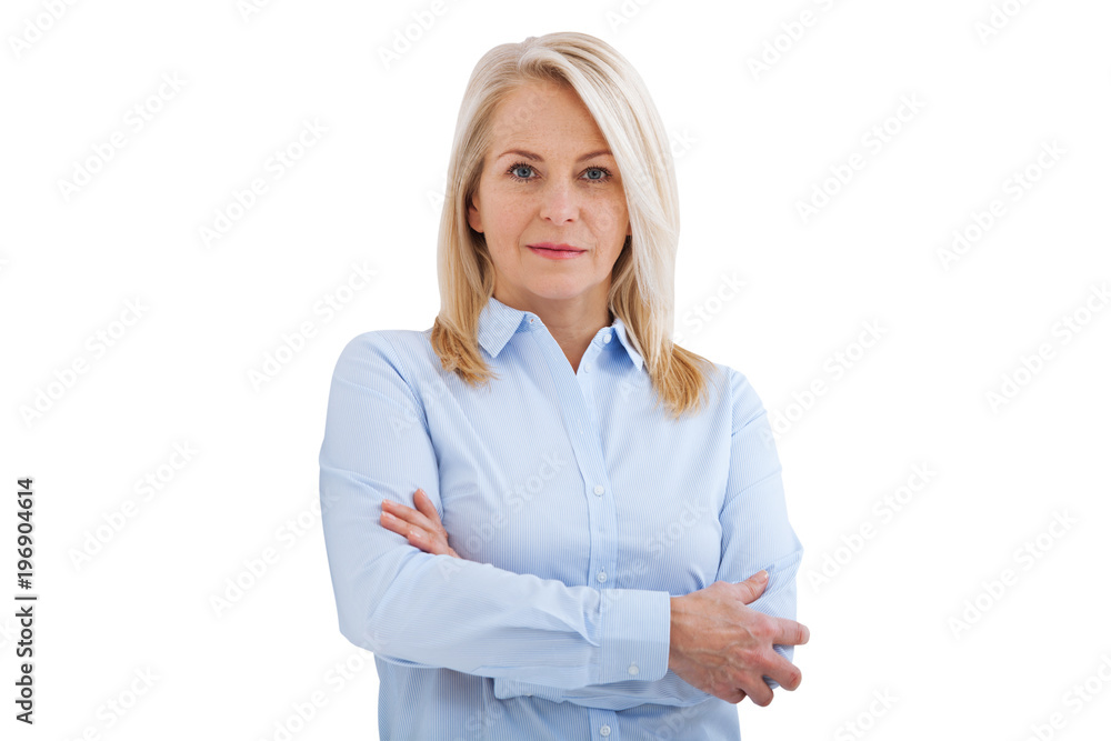 Business woman in blue shirt looking friendly into camera standing isolated on white background. Business woman in blue shirt looking friendly into camera standing isolated on white background.