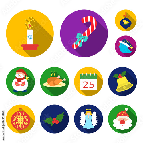Christmas attributes and accessories flat icons in set collection for design. Merry Christmas vector symbol stock web illustration.