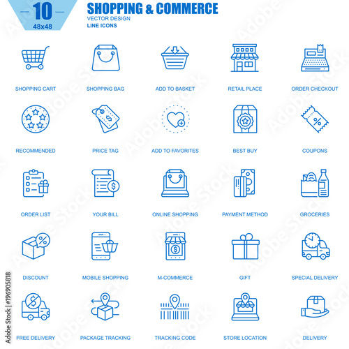 Thin line online shopping and e-commerce icons set for website and mobile site and apps. Contains such Icons as Basket, Delivery, Price Tag. 48x48 Pixel Perfect. Editable Stroke. Vector illustration.