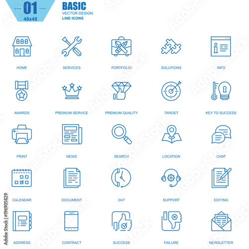 Thin line basic icons set for website and mobile site and apps. Contains such Icons as Portfolio, Services, Target, Awards, Support. 48x48 Pixel Perfect. Editable Stroke. Vector illustration.