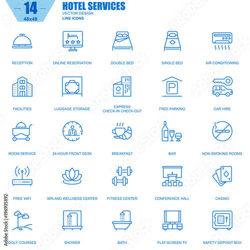 Thin line hotel services and facilities, online booking icons set for website and mobile site apps. Contains such Icons as Reception, Bar. 48x48 Pixel Perfect. Editable Stroke. Vector illustration.