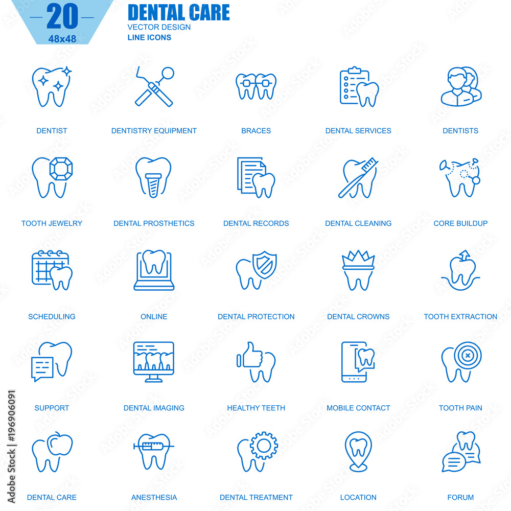 Thin line dental care, dentistry equipment, hygiene icons set for ...