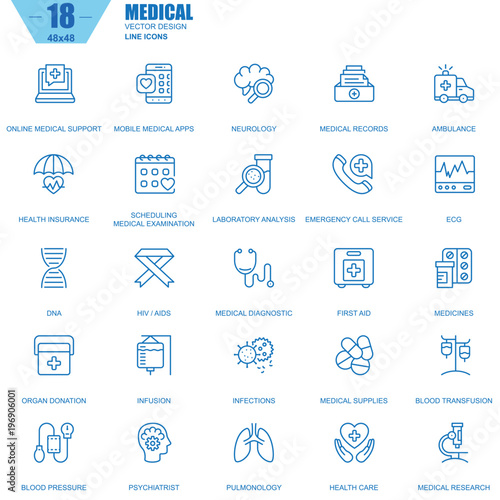 Thin line healthcare and medicine, medical equipment icons set for website and mobile site and apps. Contains such Icons as DNA, Ambulance. 48x48 Pixel Perfect. Editable Stroke. Vector illustration.