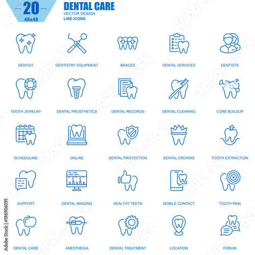 Thin line dental care, dentistry equipment, hygiene icons set for website and mobile site and apps. Contains such Icons as Dentist, Braces. 48x48 Pixel Perfect. Editable Stroke. Vector illustration.