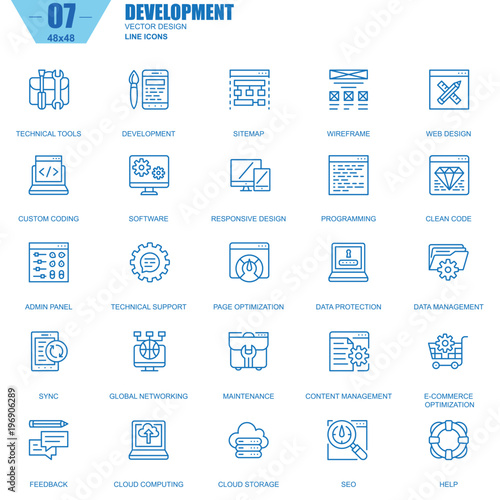 Thin line web design and development icons set for website and mobile site and apps. Contains such Icons as Software, Programming, Sync. 48x48 Pixel Perfect. Editable Stroke. Vector illustration.