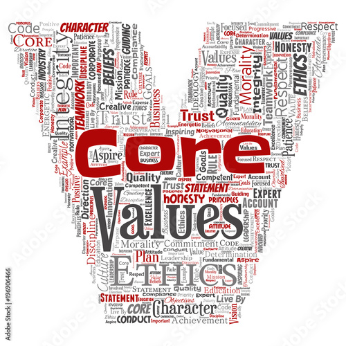 Vector conceptual core values integrity ethics letter font V concept word cloud isolated background. Collage of honesty quality trust, statement, character, perseverance, respect and trustworthy