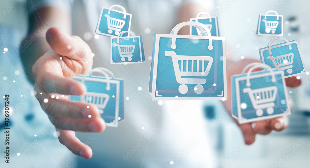 Businessman using digital shopping icons 3D rendering Businessman using digital shopping icons 3D rendering